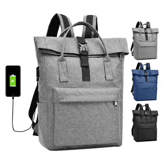 A grey Adventure Laptop Backpack with a front pocket, USB charging port, and adjustable straps, featuring multiple colour options.