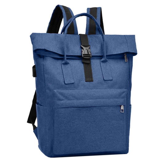 A blue Adventure Laptop Backpack features a roll-top design, multiple pockets, and adjustable straps. It has a logo.