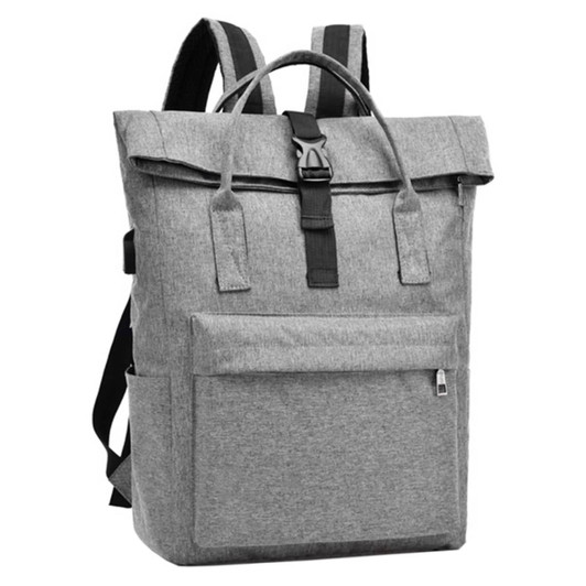 A grey laptop backpack with a roll-top closure, adjustable straps, and a front pocket. Features a logo.