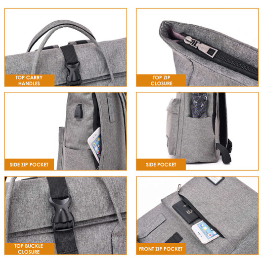 A grey Adventure Laptop Backpack with various pockets, top carry handles, and zip closures. Features a logo.