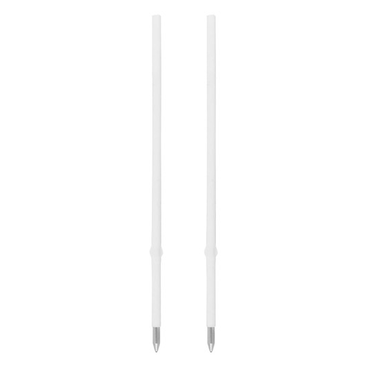 Two white plastic cross-type refills with silver tips, featuring a simple design and a branding logo.