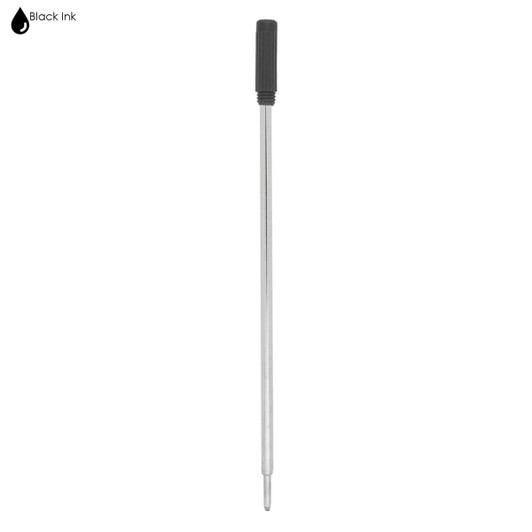 A metal refill with a thin silver shaft and a black grip at the top, designed for writing instruments.
