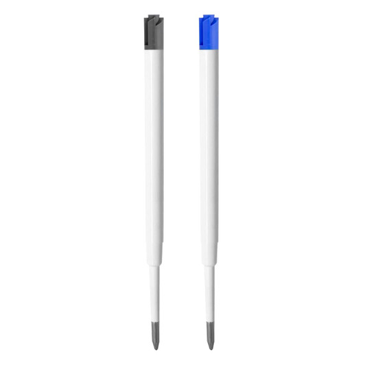 Two plastic pen refills in white, one with a black tip and the other with a blue tip, featuring a logo.