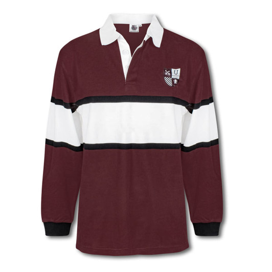 A maroon and white custom rugby shirt with black stripes and a logo on the chest, featuring long sleeves and a collar.