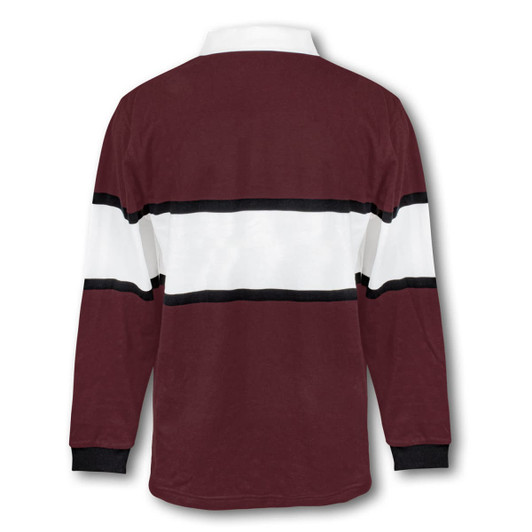 A maroon rugby shirt featuring white and black horizontal stripes, with a collar and long sleeves.