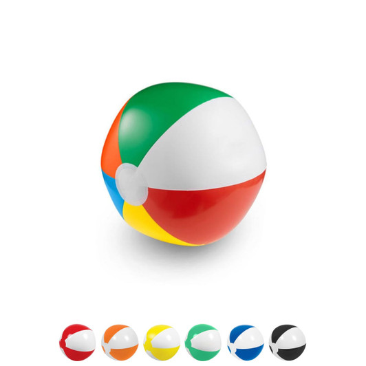 A colourful beach ball featuring green, red, yellow, blue, and white sections, with a logo on its surface.