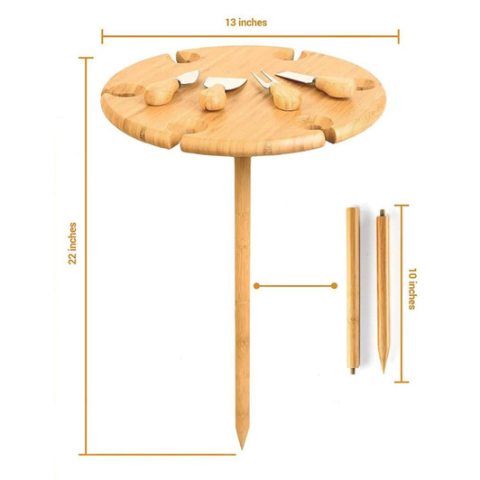 A bamboo outdoor party table with a round top, featuring a natural finish and measuring 13 inches wide and 22 inches tall.