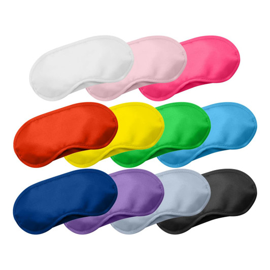 A variety of sleep eye masks in red, orange, yellow, green, blue, pink, purple, grey, black, and white.