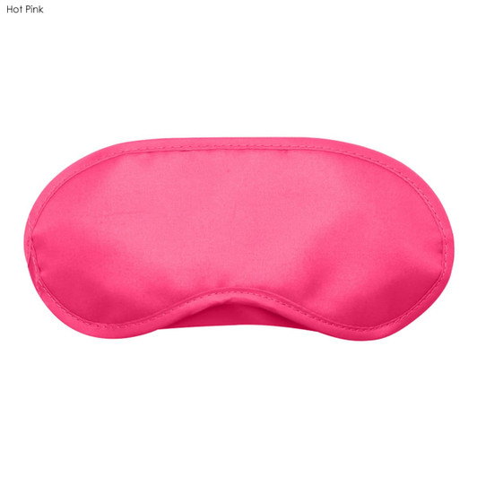 A hot pink sleep eye mask with a smooth surface and curved shape, featuring a logo on one side.