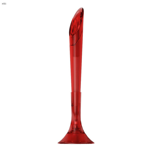 A red plastic pen with a unique design featuring a curved top and a wide base. It has branding on the side.
