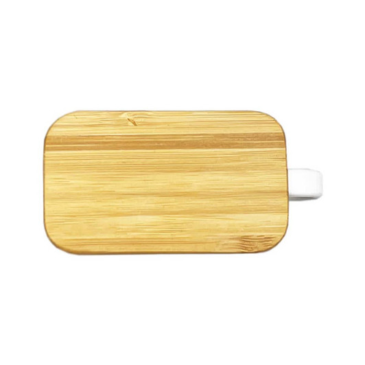 A bamboo wireless earbud case in a rectangular shape with a white accent, featuring a logo.