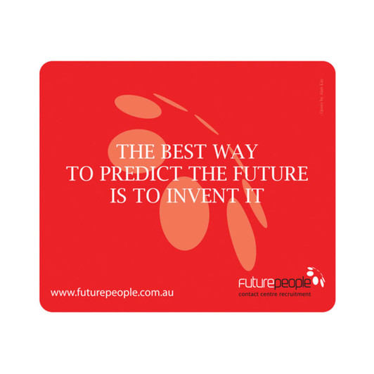A red deluxe PVC mouse pad featuring an abstract design and a logo, with white text.