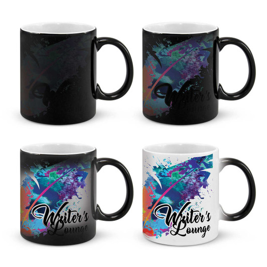 A coffee mug set featuring black and white mugs with colourful, artistic designs and a logo.