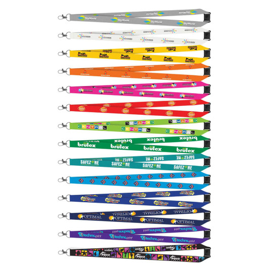 A range of 20mm Colour Max lanyards in various colours, featuring different logos and designs.