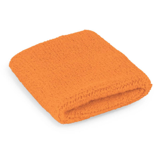 An orange wrist sweat band made of textured fabric, folded neatly. It features a simple design without visible branding.