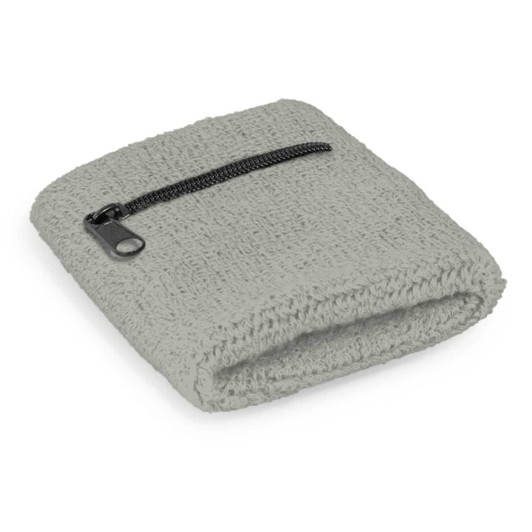 A grey wrist sweat band with a zippered pocket, featuring a textured surface and a simple design.