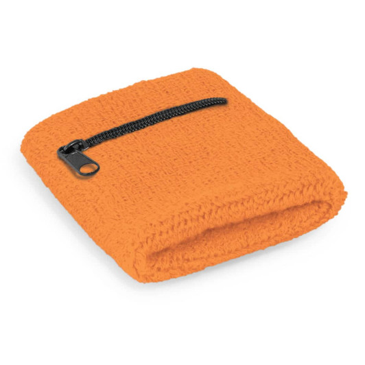 An orange wrist sweat band featuring a zippered pocket. It has a textured fabric and a small zipper.