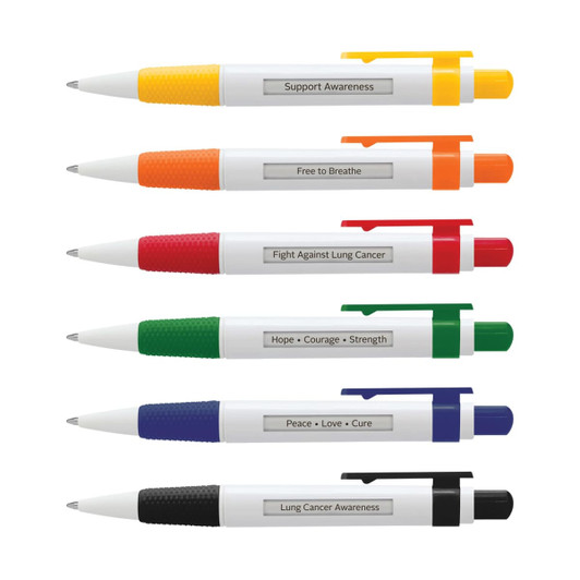 A set of six plastic pens in various colours, each with a different message, featuring a logo on the body.