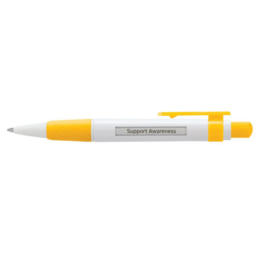 A plastic pen in white and yellow with a prominent window display and a clip for attaching.