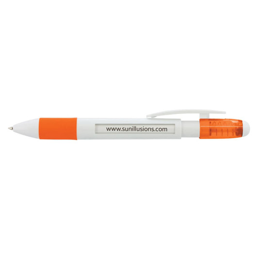 A white and orange pen with a transparent orange cap and barrel, featuring a logo.