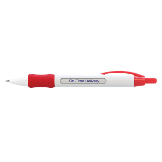 A plastic pen with a white barrel, red grip, and red clip, featuring the text "On-Time Delivery" printed on the side.