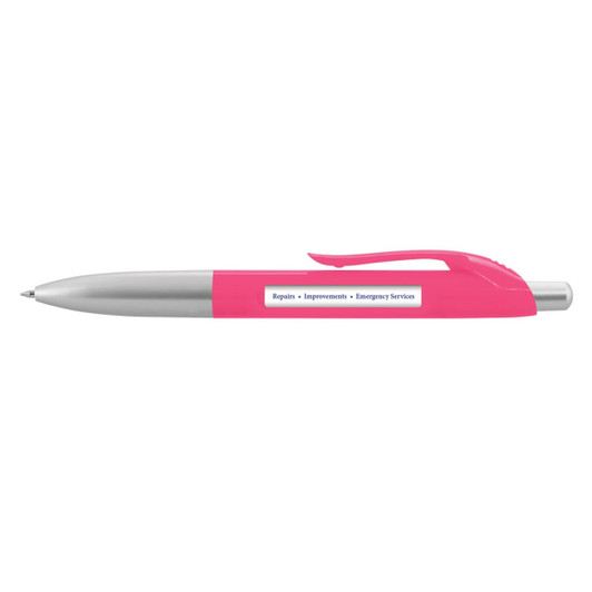 A pink plastic pen with a silver barrel and a clip, featuring a branding logo on the body.
