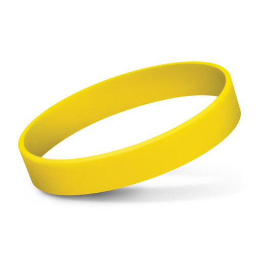 A bright yellow silicone wristband with a smooth, debossed surface. It features a logo.