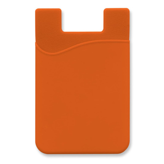 An orange silicone phone wallet with a curved top design and a slot for cards. It features a logo.