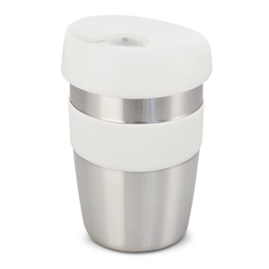 A drink bottle featuring a stainless steel base with a white silicone band and a matching lid.