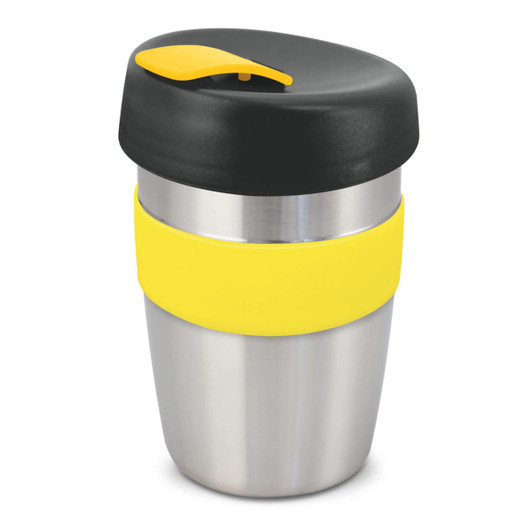 A drink bottle with a stainless steel body, featuring a yellow silicone band and a black lid.