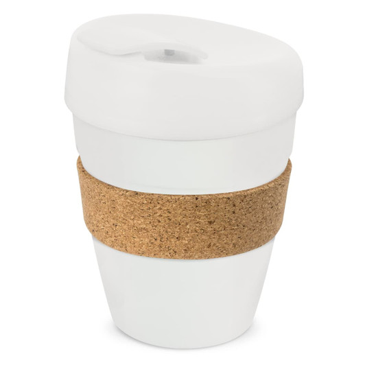 A drink bottle with a white body and a cork band, featuring a lid in matching white, designed for beverages.