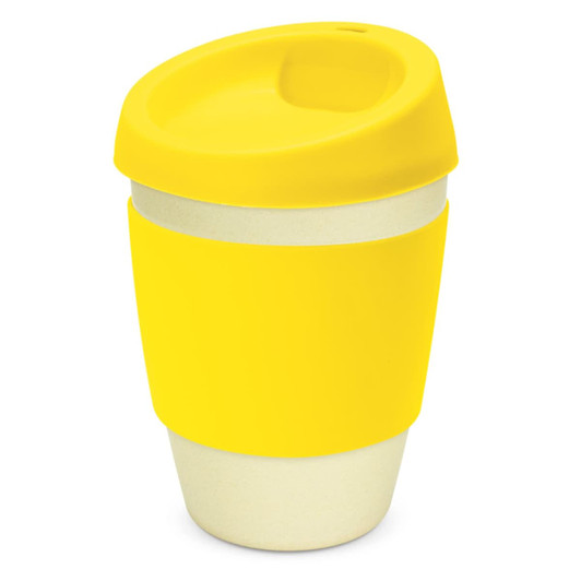 A drink bottle featuring a yellow silicone lid and sleeve with a light-coloured base, including a logo.