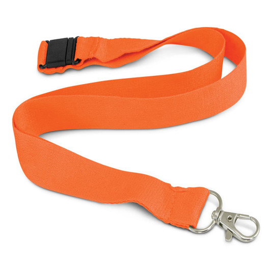 An orange bamboo lanyard with a metal clip and detachable buckle. It has a smooth, textured finish.