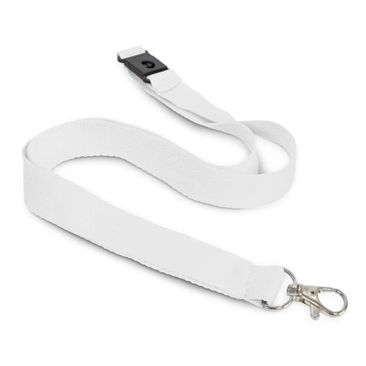 A white cotton lanyard featuring a metal clip and a safety breakaway buckle. It has a smooth, flat design.