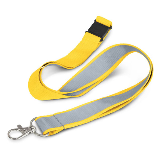 A yellow and grey reflector lanyard with a clip and an adjustable buckle. It features a sturdy design.