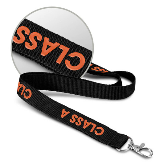 A black lanyard featuring a logo in orange, with a silver clip at one end.