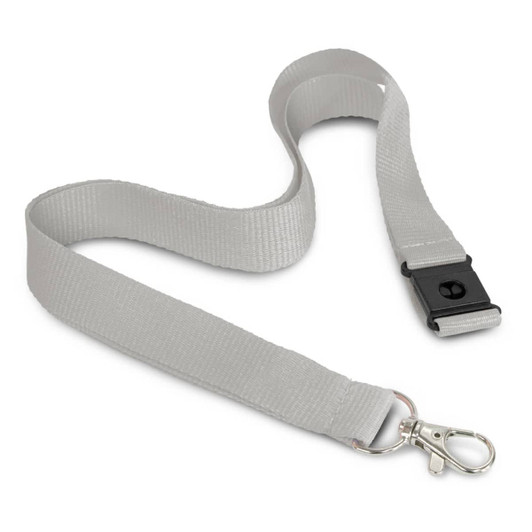 A grey lanyard with a clip and a buckle, featuring a smooth, flat design and an attached keyring.