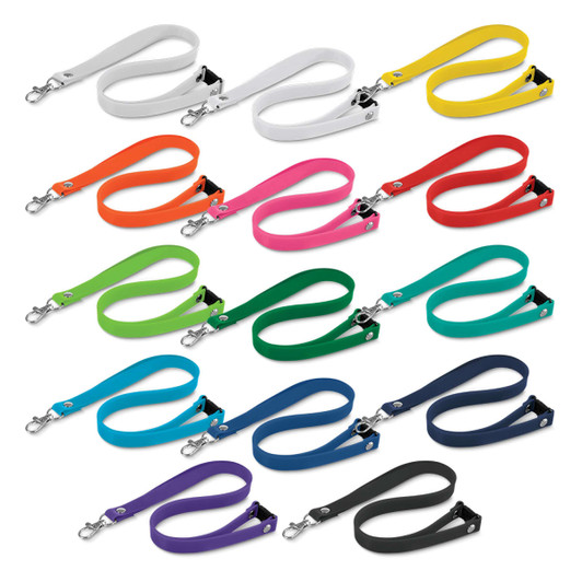 A collection of silicone lanyards in various colours including white, yellow, pink, green, and blue, featuring metal clips.