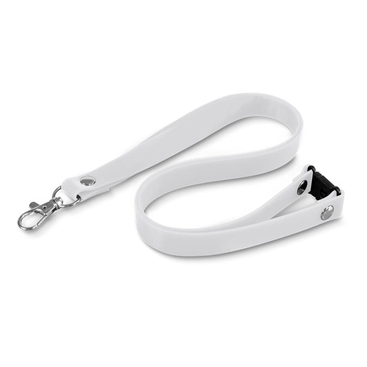 A white silicone lanyard with a clip and an adjustable buckle, featuring a simple design.