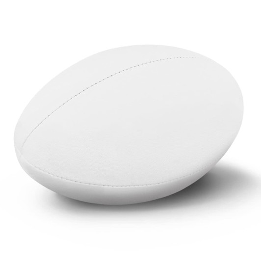 A white rugby ball with a smooth surface, featuring a logo on its side.