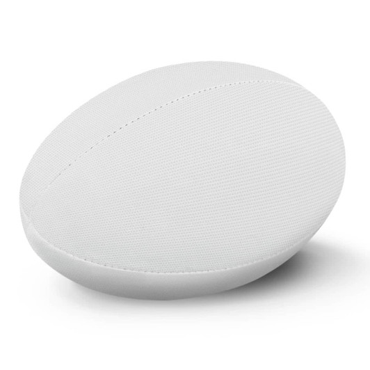 A white rugby ball with a textured surface and a subtle seam running along the centre. It features a logo.