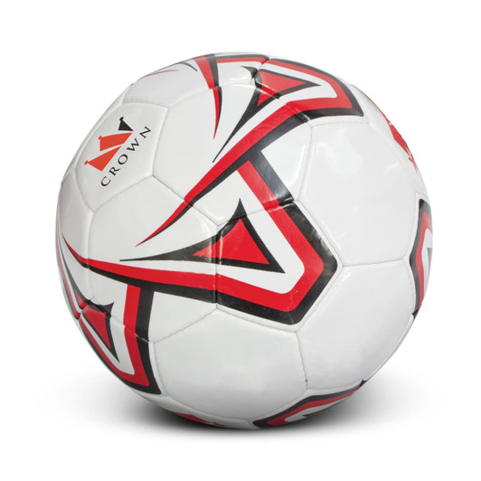 A white soccer ball with red and black accents and a logo featuring a crown.