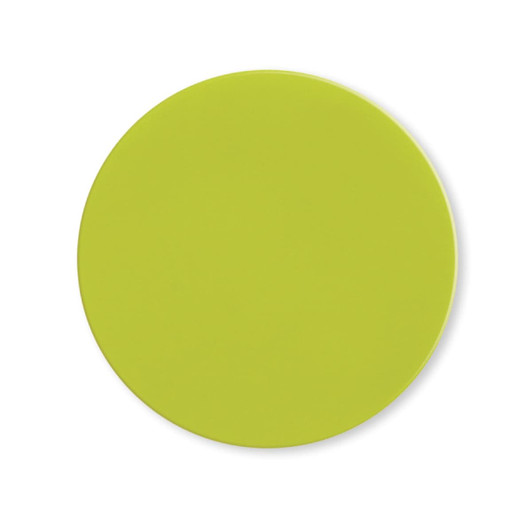 A round silicone jar opener in vibrant lime green, featuring a smooth surface and a logo at the centre.