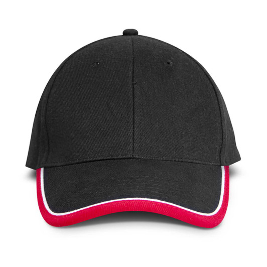 A black cap with a red and white trim along the brim and a rounded crown, featuring a logo.