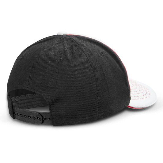 A black and white cap featuring a curved peak and an adjustable strap at the back. It includes a logo.