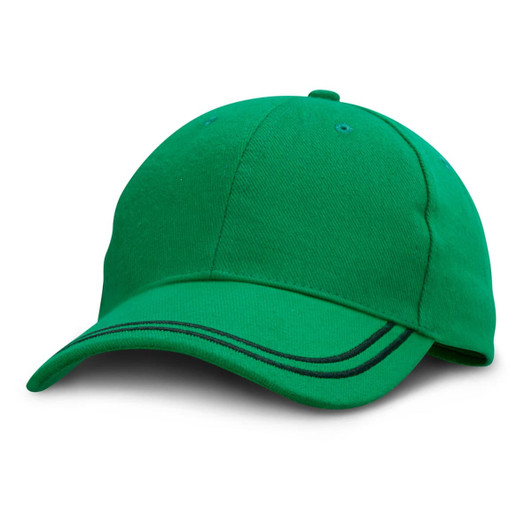 A green cap with a curved brim and contrasting black stripes, featuring a logo on the front.
