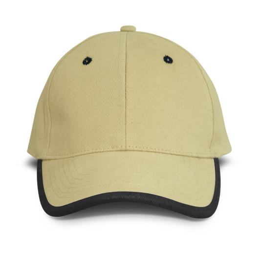 A cap in a light tan colour with a black brim, featuring a logo on the front.