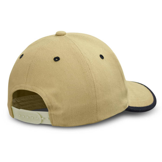 A beige cap with a black brim and adjustable strap at the back. It features a logo on the side.