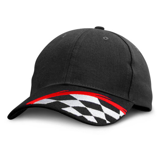 A black cap with a checkerboard pattern and red accents on the brim, featuring a logo on the front.