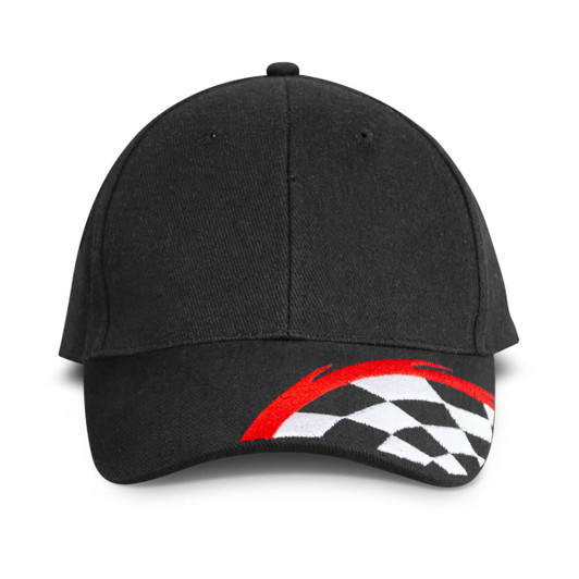 A black cap featuring a red and checkered design on the brim, with a logo displayed prominently.